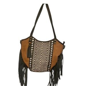 Stylish Tan and Black Fringe Bag
